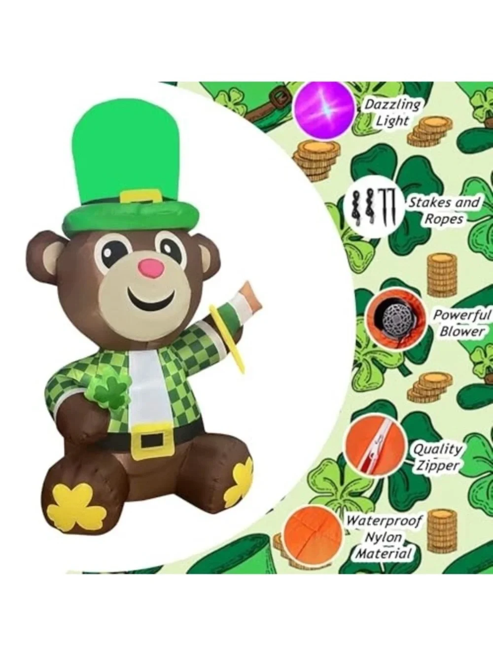 St Patricks Day Inflatable Bear Decoration LED Lighted Blow up for Home 4FT